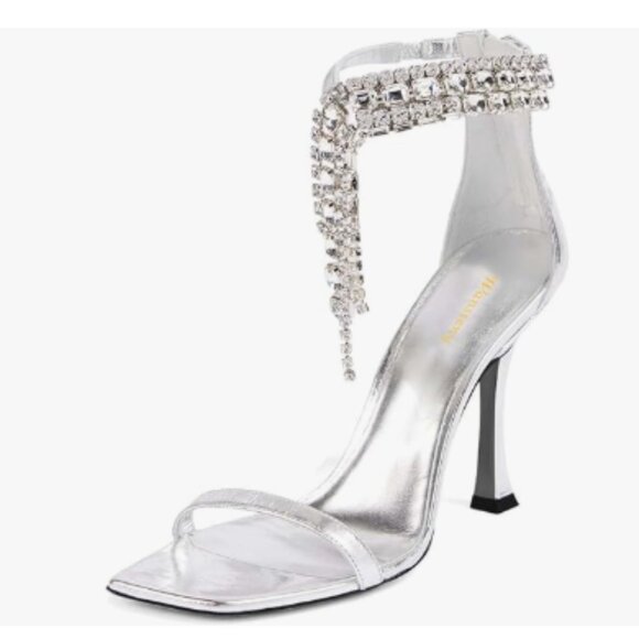 Wansseny Silver Gorgeous Rhinestone Ankle Strap Open Square Toe Back Zip Sandals - Picture 1 of 9